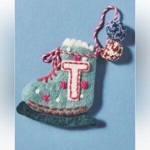 Anthropologie Ornament SNOW DAY Monogram LETTER T Holiday SKATE Wool Fabric NWT